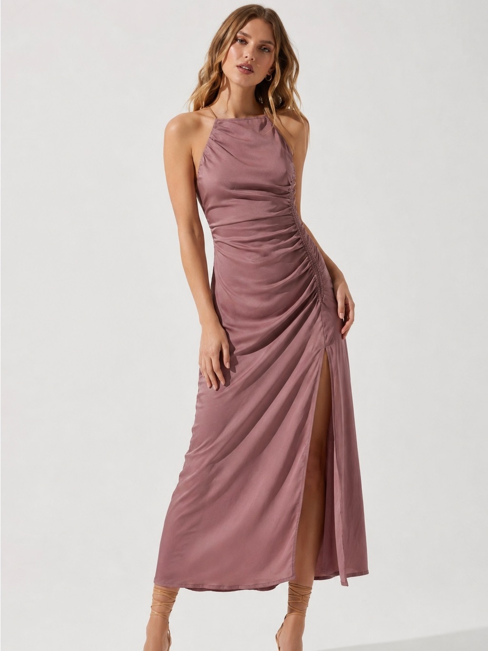ASTR The Label Mauve Ruched Halter Midi Dress | Side Slit | XS
